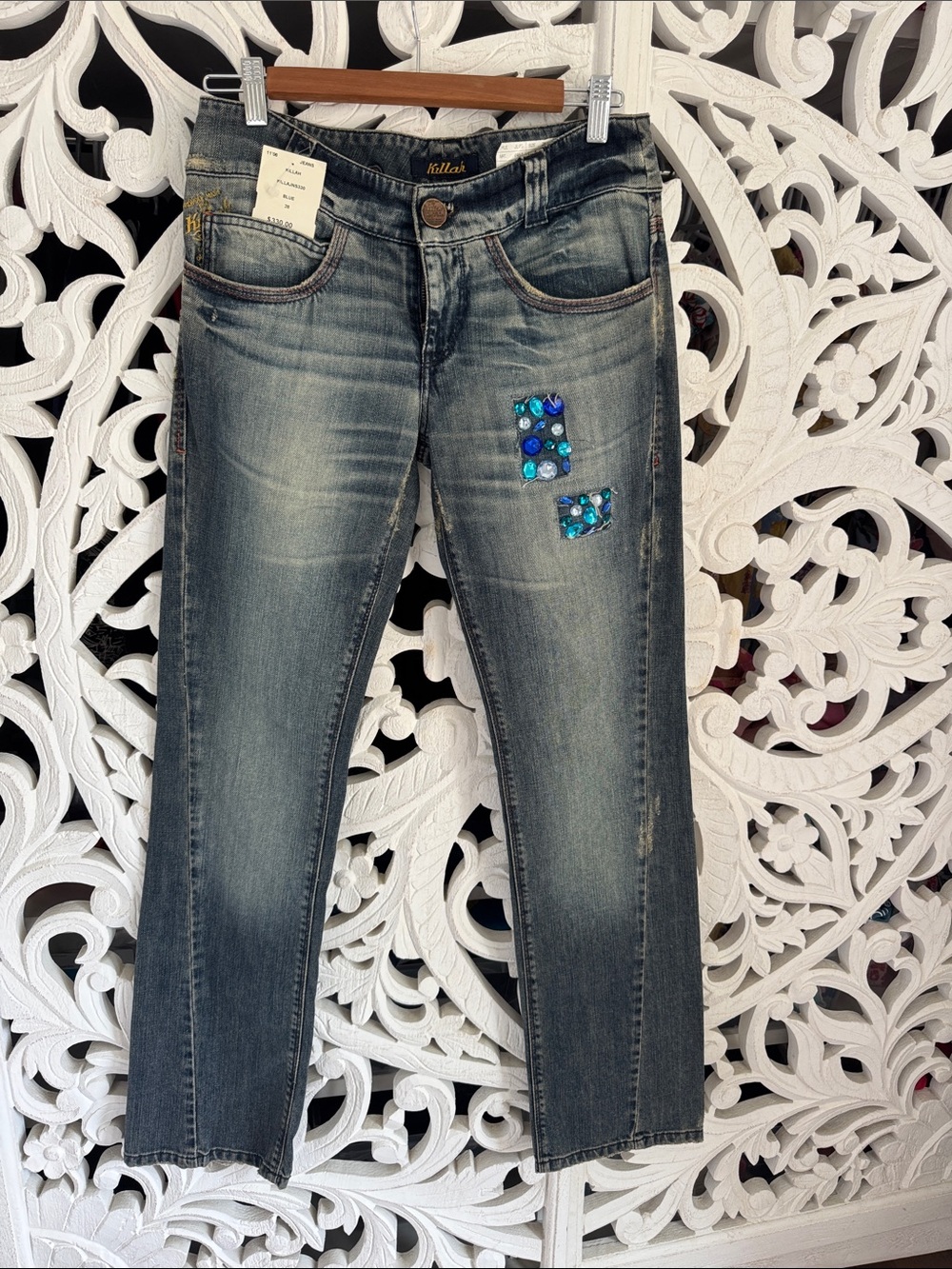 NWT Killah Deadstock Y2K Blue Jeweled Straight Leg Jeans Sz 28